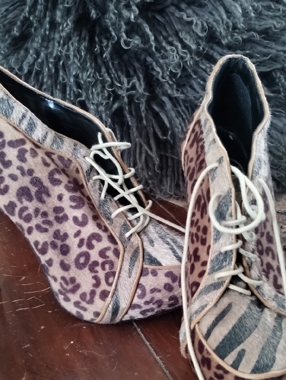 Promise Leopard and Zebra Print Lace-Up Heels - Taupe & Dark Brown Size 7.5